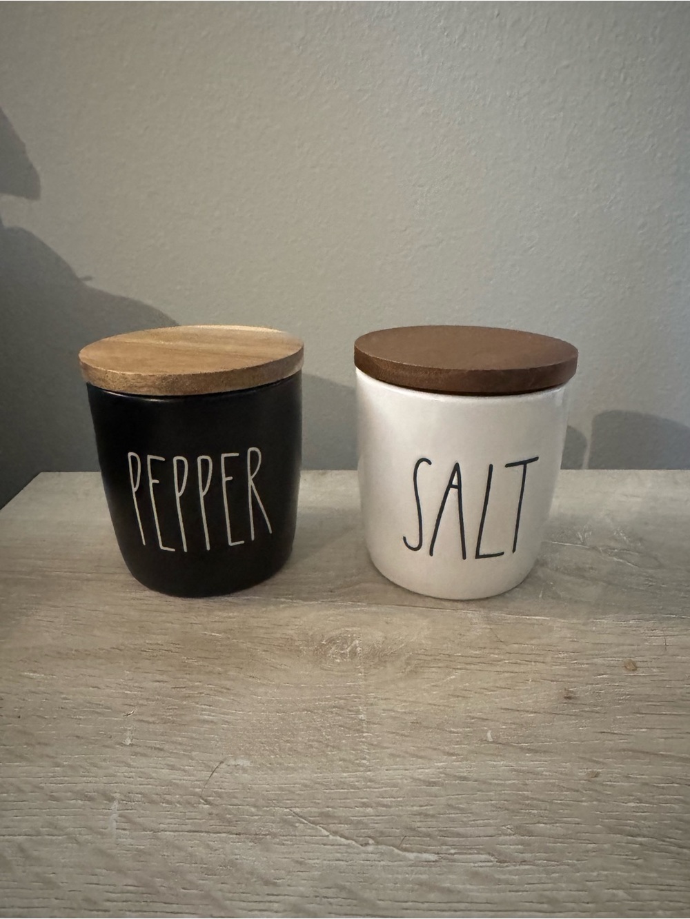 Rae Dunn Salt and Pepper Ceramic Canister Set with Wood Lids
